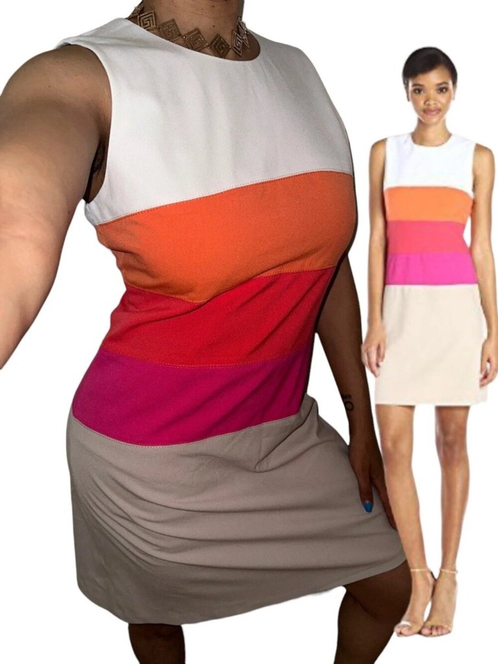 Calvin Klein Dress Size 14 Colorblock Horizontal Stripes Sleeveless Back Zipper